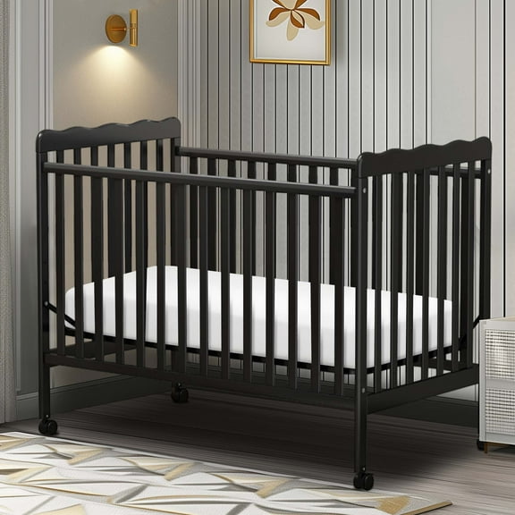 Sesslife 3-In-1 Convertible Crib, Black Baby Bed with Locking Wheels, Converts from Baby Crib to Toddler Bed, Fits Standard Full-Size Crib Mattress(Not Included)