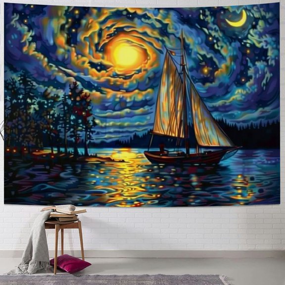 SHERONV Starry Night Tapestry Aesthetic Sailing Boat Tapestry Galaxy Stars Wall Tapestry Van Gogh Oil Painting Tapestry Fantasy Forest Lake Landscape Wall Hanging for Room 40x30inch