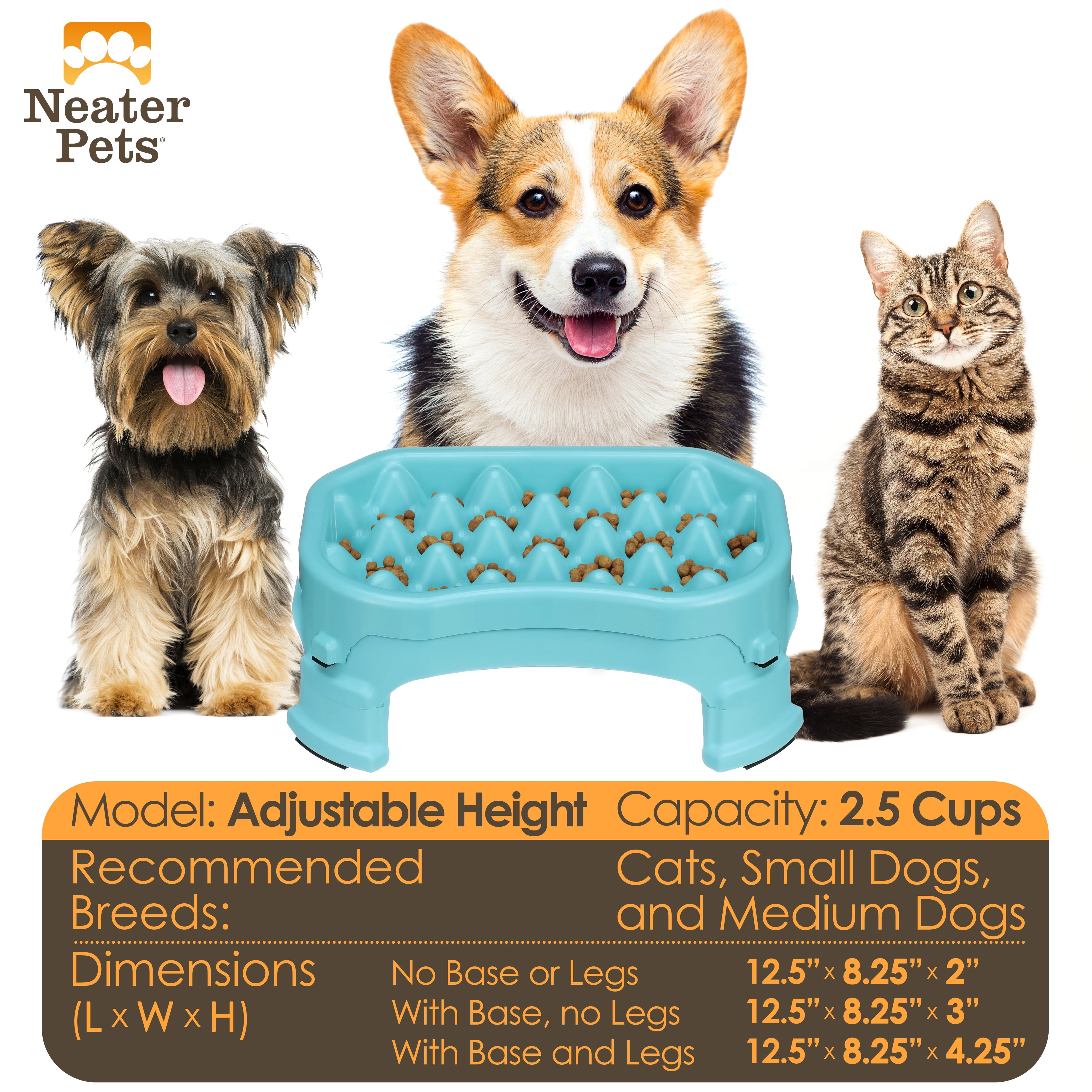 Neater Pet Brands Raised Neater Slow Feeder - Elevated & Adjustable Feeding Height - Improves Digestion, Stops Obesity, and Slows Down Eating, 2.5 Cups, Aquamarine