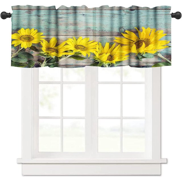 Rod Pocket Window Valances, Rustic Sunflower Kitchen Short Curtain Valance Windows Treatment Drapes, Yellow Floral Blooming Kitchen Curtains for Farmhouse Living Room Bedroom 54x18 Inch, 1 Panel