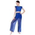 thumbnail image 2 of IBTOM CASTLE Women Two Piece Lyrical Dance Outfit Criss Cross Crop Tops + Mesh Tulle Wide Leg Pants Modern Contemporary Dancewear S Royal Blue, 2 of 8