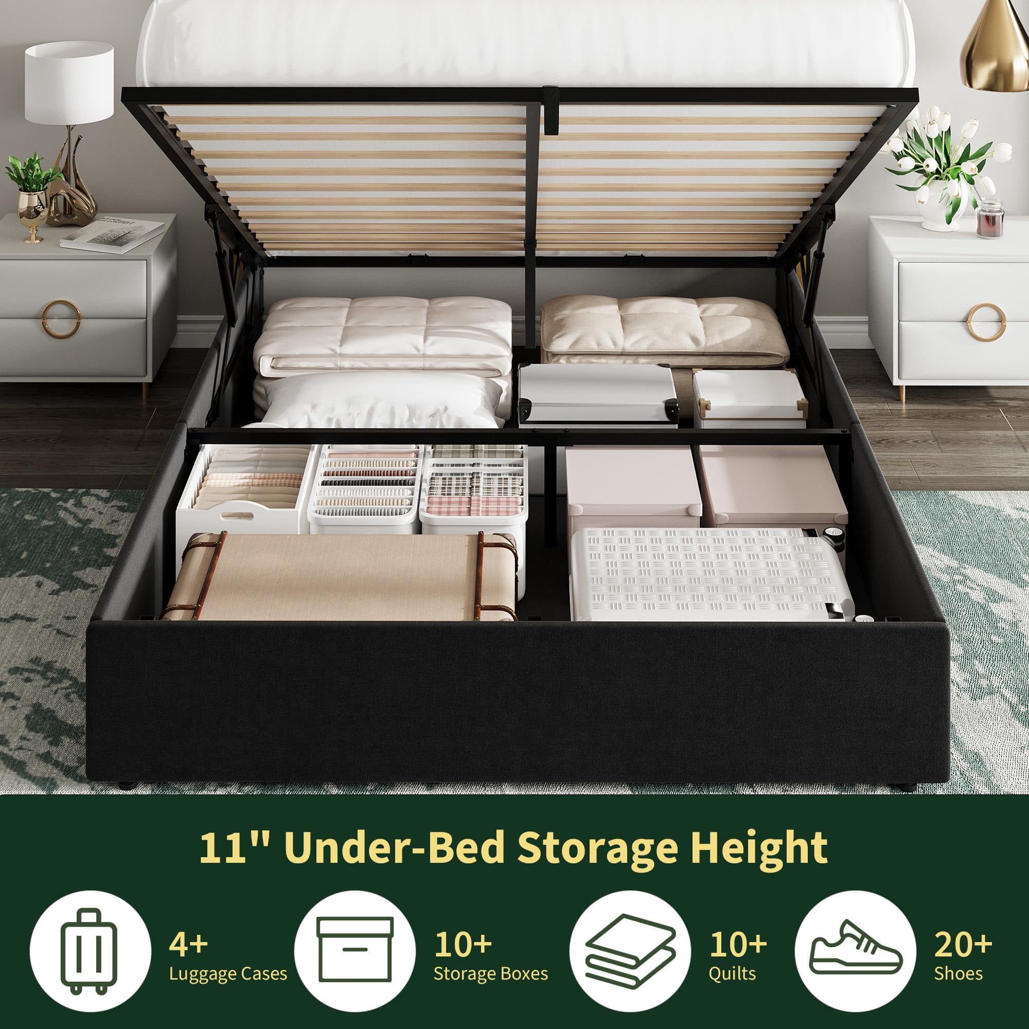 Full Size Lift Up Storage Bed Frame with with Gold Wingback Headboard, Velvet Upholstered Bed Frame with Diamond Tufted Design & Gold Trim, Hydraulic Support, No Box Spring Needed