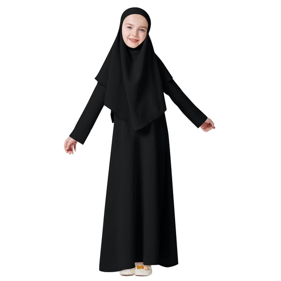 Toddler Girls Dresses 4T, 5T Muslim Dresses for Girls with Hijab Girls' Muslim Ramadan Solid Color Long Sleeve Round Neck Dress Shawl Two Piece Set Fresh and Sweet Long Robe Skirt Set,4-12 Years