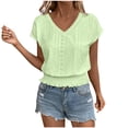 thumbnail image 3 of AnuYalue Eyelet Tops for Women Summer V Neck Short Sleeve Shirts Fashion Smocked Waist Crop Tops Casual Plain T Shirts, 3 of 6