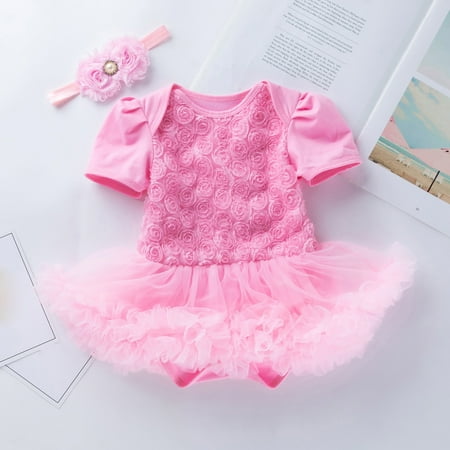 Bnwani Summer Rollbacks Girl s Short Sleeve Princess Dress Flowers Skirt Suits Cute Pink Skirt Suits 6-12 M