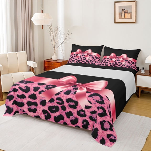 Homewish Cute Pink Ribbon Bowtie 3pcs Twin Sheet Sets For Female Girls Adults,Leopard Print Twin Fitted Sheet,Animal Cheetah Print Breathable Flat Sheet,Breathable Home Decor