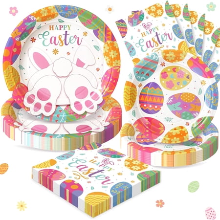 Happy Easter Plates and Napkins, 72PCS Colorful Easter Party Supplies, Bunny and Eggs Disposable Paper Plates, Spring Party Supplies, Rabbits Easter Party Decorations Serves 24