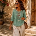 thumbnail image 2 of PBFRDSJ Cotton Linen Tops for Women Lightweight Retro Embroidered 3/4 Sleeve Bohemian Peasant Shirts Plus Size V Neck Casual Summer Beach Boho Tops, 2 of 9