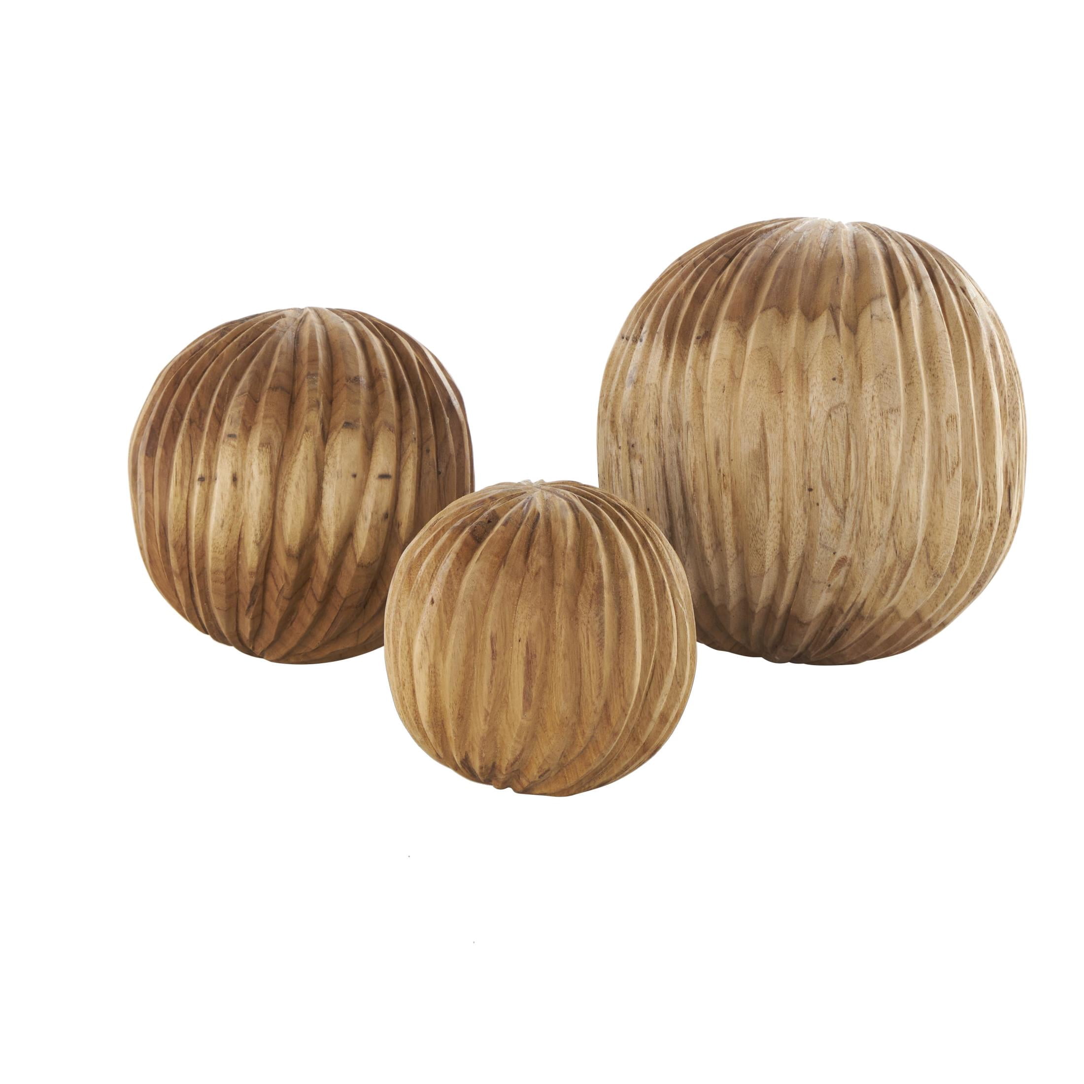 DecMode Brown 6" Handmade Carved Textured Teak Wood Orbs & Vase Filler with Wavy Ridges (3 Count)