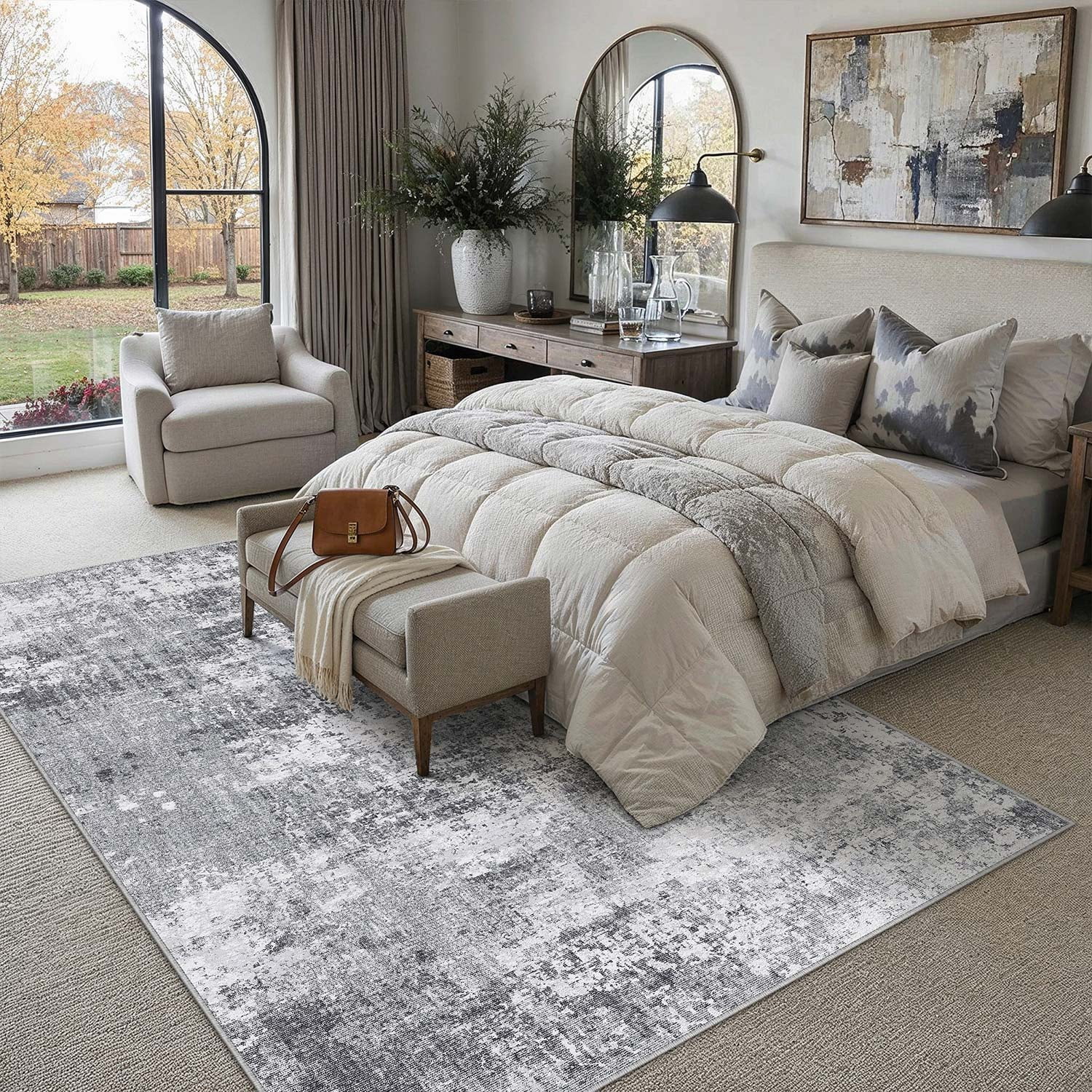 BERTHMEER 5' x 7' Modern Area Rugs indoor Neutral Gray Abstract Rugs for Living Room Bedroom Dining Room Office Farmhouse Distressed Machine Washable Non-slip