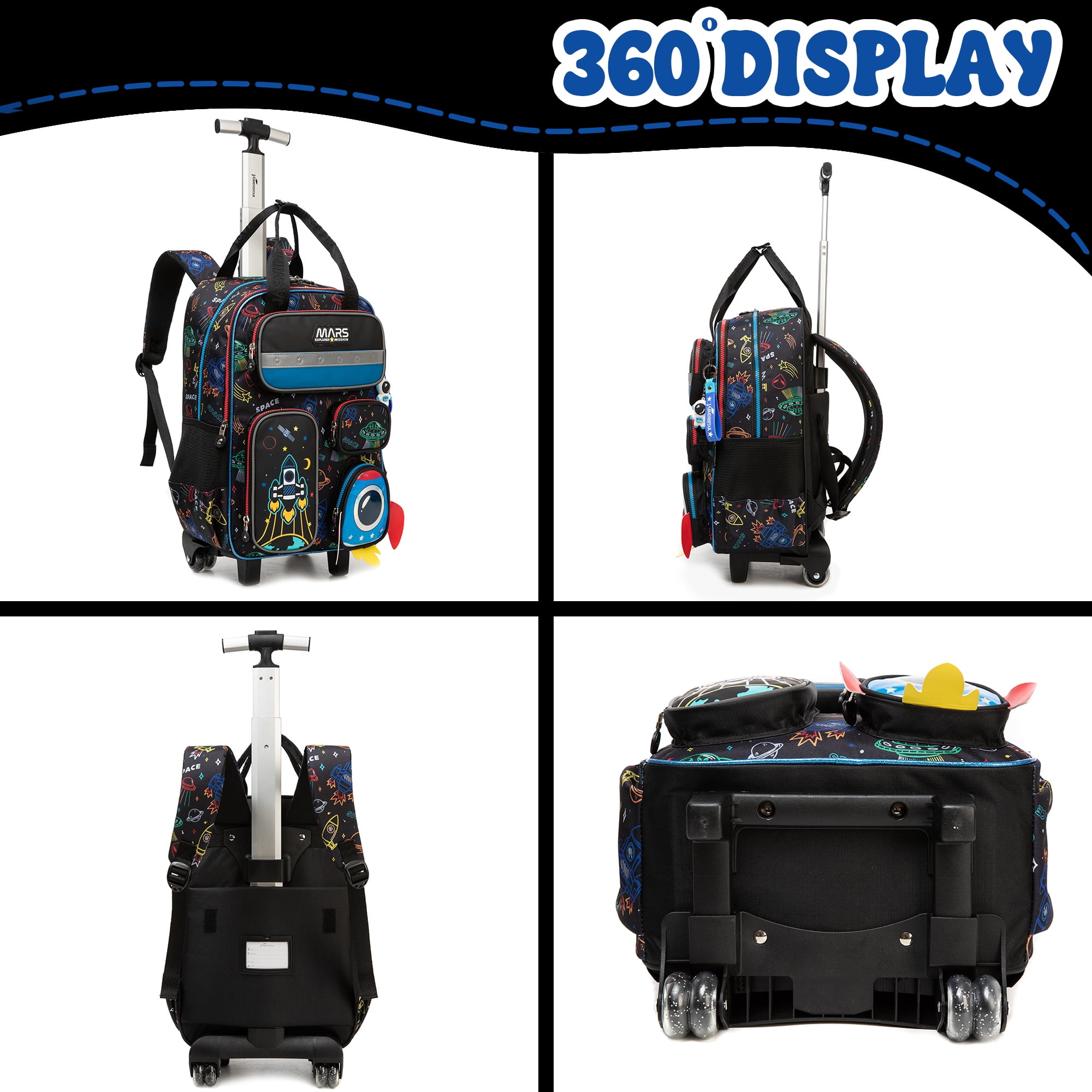 Kid Rolling Backpack for School Boys with Wheels Roller Bookbag with Lunch Box Pencil Case Carry-on Kids' Luggage for Ages 8-10