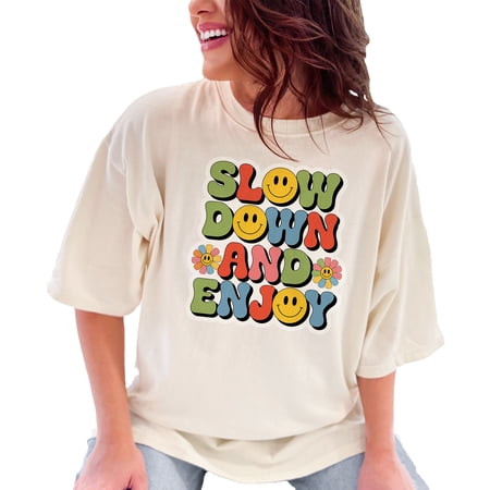 Retro Slow Down and Enjoy T-Shirt Cute Smiley Face Tee Vintage Flower Graphic Shirt Positive Vibes Apparel Fun Casual Wear Ivory Comfort Colors T-Shirt Large
