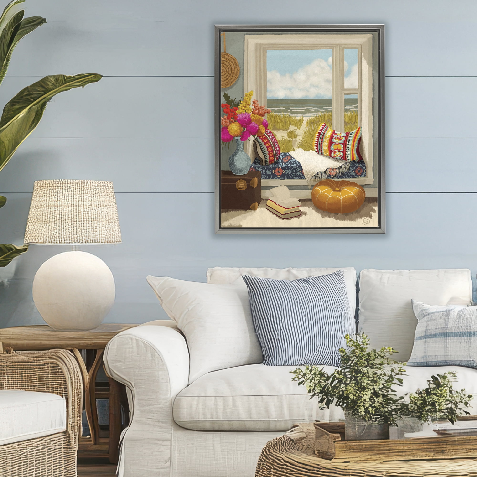 Stupell Industries Coastal Vacation Window Seat Gray Framed Floater Canvas Wall Art, design by Lisa R Dumm