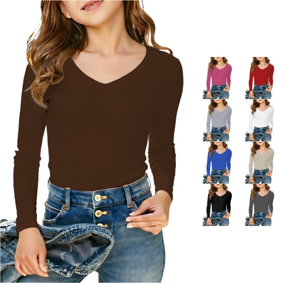 XIYON Girls Long Sleeve T Shirts Ribbed V Neck T Shirt Comfortable Stretchy Slim Fit Top For Kids And Tweens Soft Breathable Daily Wear Fashion 13-14 Years
