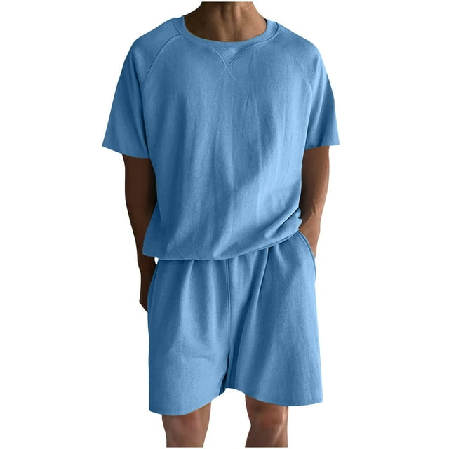 Conjunto de Pantalones Cortos Deportivos para Hombres, Cuello Redondo de Manga Corta de Moda para el Desgaste Casual Y de Playa, Traje de Poliéster Suave