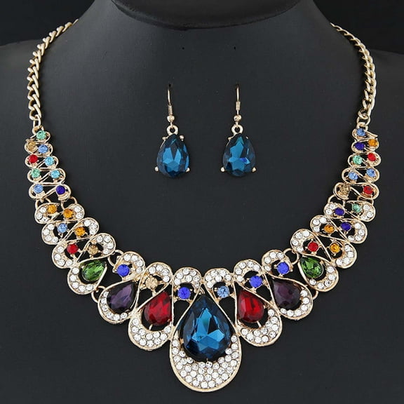 harmtty 2Pcs/Set Exaggerated Noble Beautiful Necklace Earrings Multicolor Water Drop Faux Gem Pendant Necklace Earrings Jewelry Accessory,Multicolor