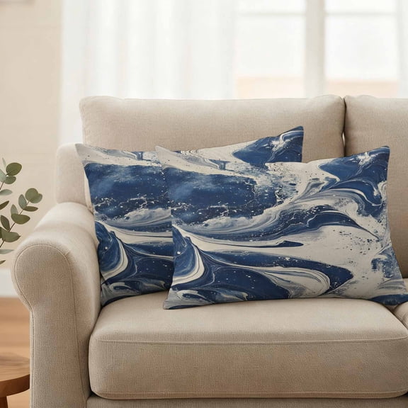 Pack of 2 Outdoor Pillow Covers 20x12 Inch Waterproof Navy White Throw Pillow Covers, Decorative Pillow Shams Couch Pillow Case Marble Modern Artwork Pillowcases Cushion Covers for Patio Garden