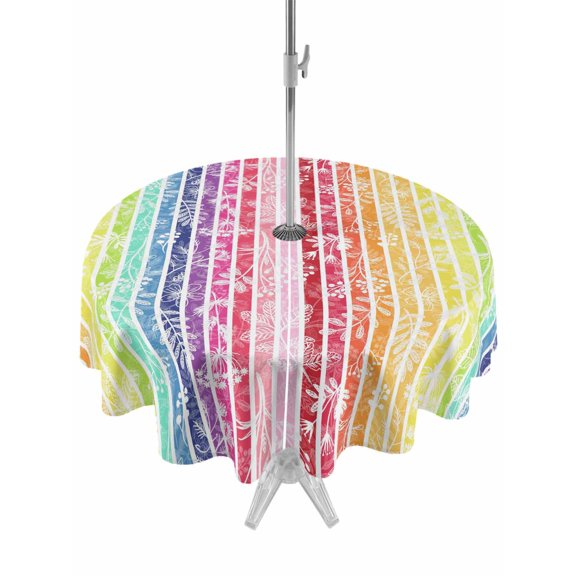 Outdoor Tablecloth with Umbrella Hole and Zipper, Dandelion Round Table Cloth 54 Inch Waterproof Tablecloth, Rainbow Stripes Modern Minimalist Flowers Picnic Table Cover for Patio Camping