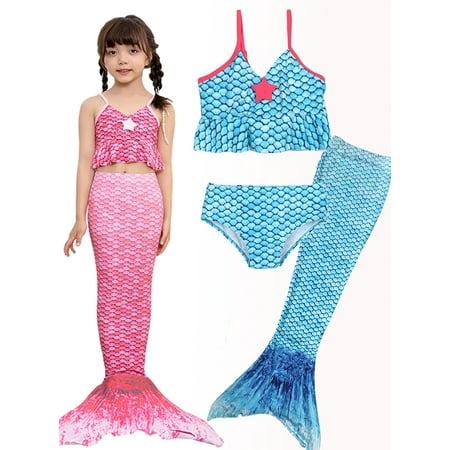 

Yuanyu 2-11T Girls Swimwear 3PCS Cosplay Mermaid Tails for Swimsuit Princess Bikini Set Bathing Suits