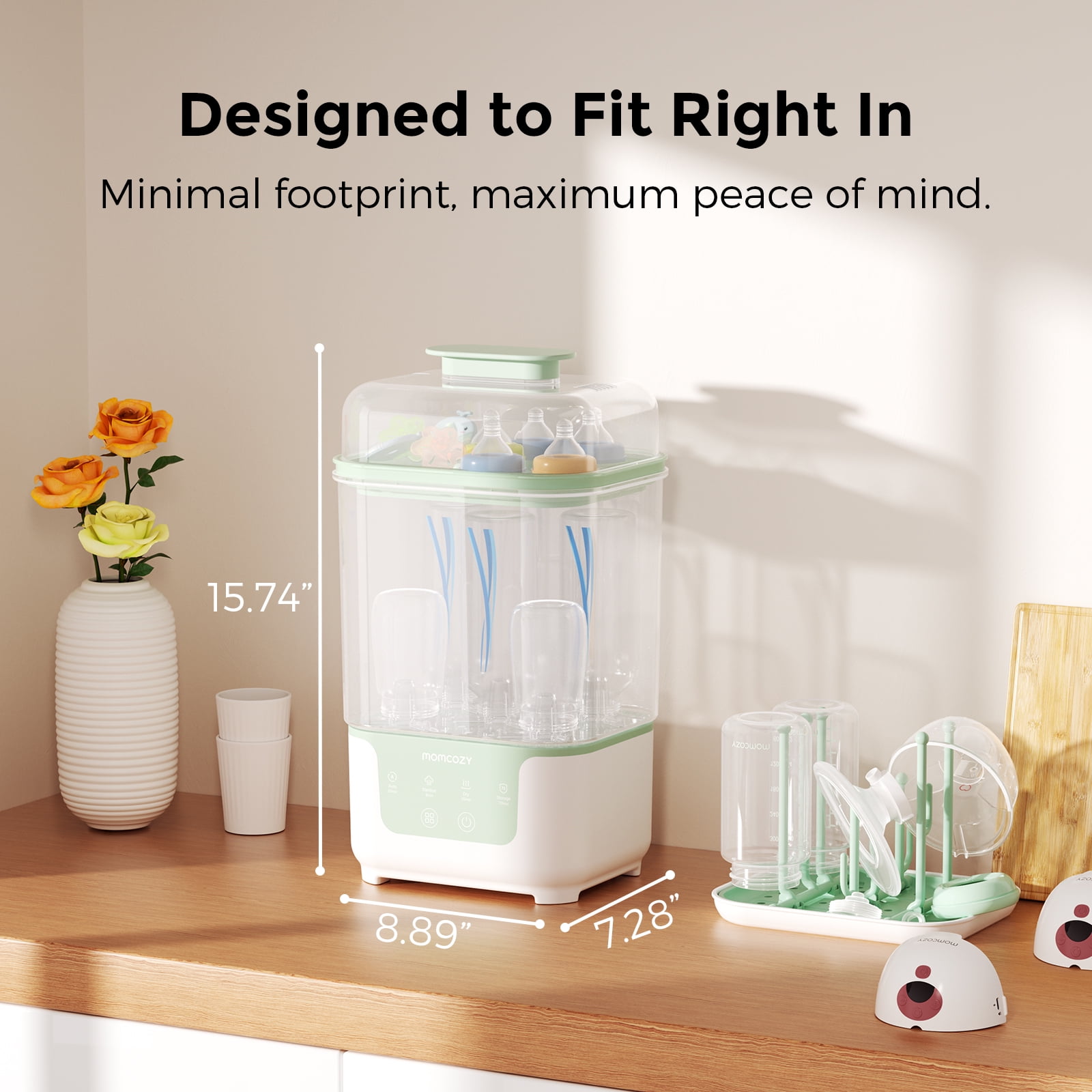 Momcozy 4 in 1 Bottle Sterilizer and Dryer, Modular Nesting Space Saving Design, 6 Bottles Capacity, Drying Rack Included