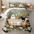 thumbnail image 2 of Homewish Halloween Bath Ghost Quilt Full, Blossoms Black Cat Full Bedspread Sets, Sage Green White, 3 Pieces 1 Bedspread and 2 Pillowcases, 2 of 7
