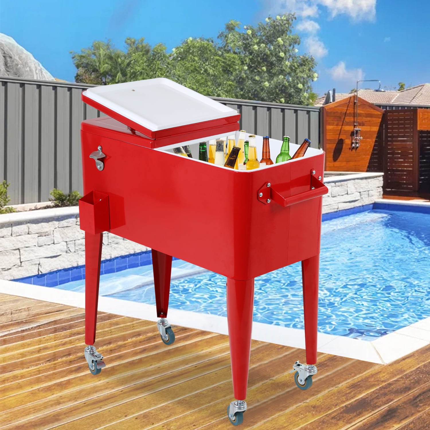 80 Quart Outdoor Cooler Cart Rolling Ice Cooler Ice Chest with Wheels Portable Drink Cooler for Parties, Poolside, Patio, BBQ Beach（Red）