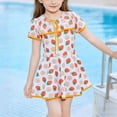 thumbnail image 4 of Robe de Bain à Imprimé Fraises pour Femmes, Manches Courtes, Col Rond, Ensemble Jupe Fendue devant, Jaune, 85 % Polyester, 15 % Élasthanne, 4 of 9