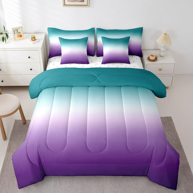YST Ensemble de Douillette Ombrée Vert Violet Sarcelle Ensemble de Literie Format Double Dégradé Coloré Réversible Lit en Sac 7 Pcs (1 Douillette, 2 Taies d'Oreiller, 1 Drap Plat, 1 Drap-Housse, 2 Housses de Coussin Décoratif)