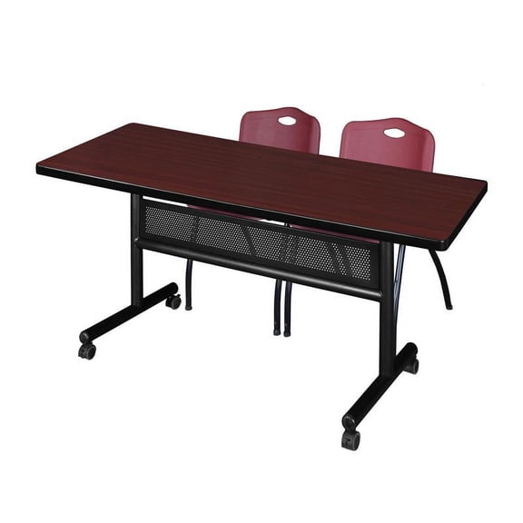 60" x 30" Flip Top Mobile Training Table w/ Divider- Mahogany & 2 Stack Chairs