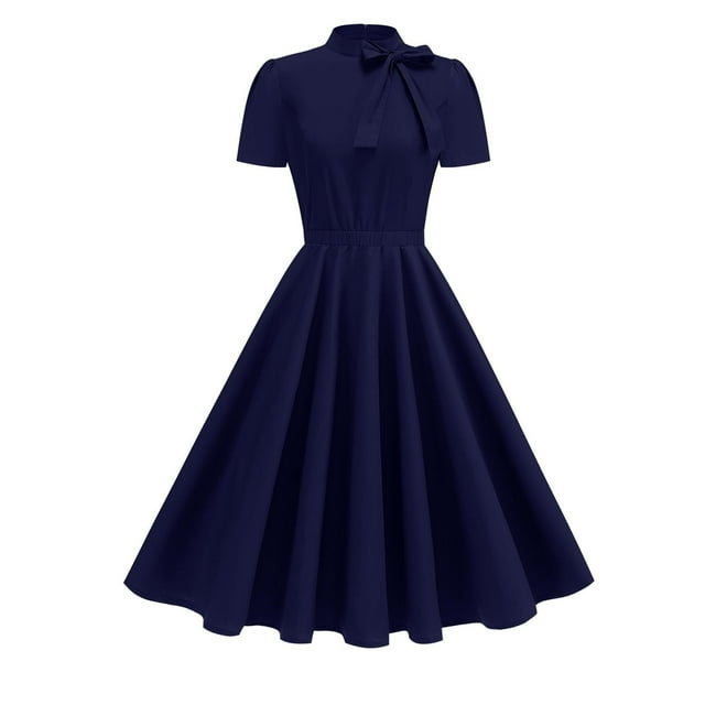 Lenpel Robes de Cocktail pour Femmes Manches Courtes Col Montant Taille Élastique Robe Vintage Ligne A Robe Élégante de Soirée