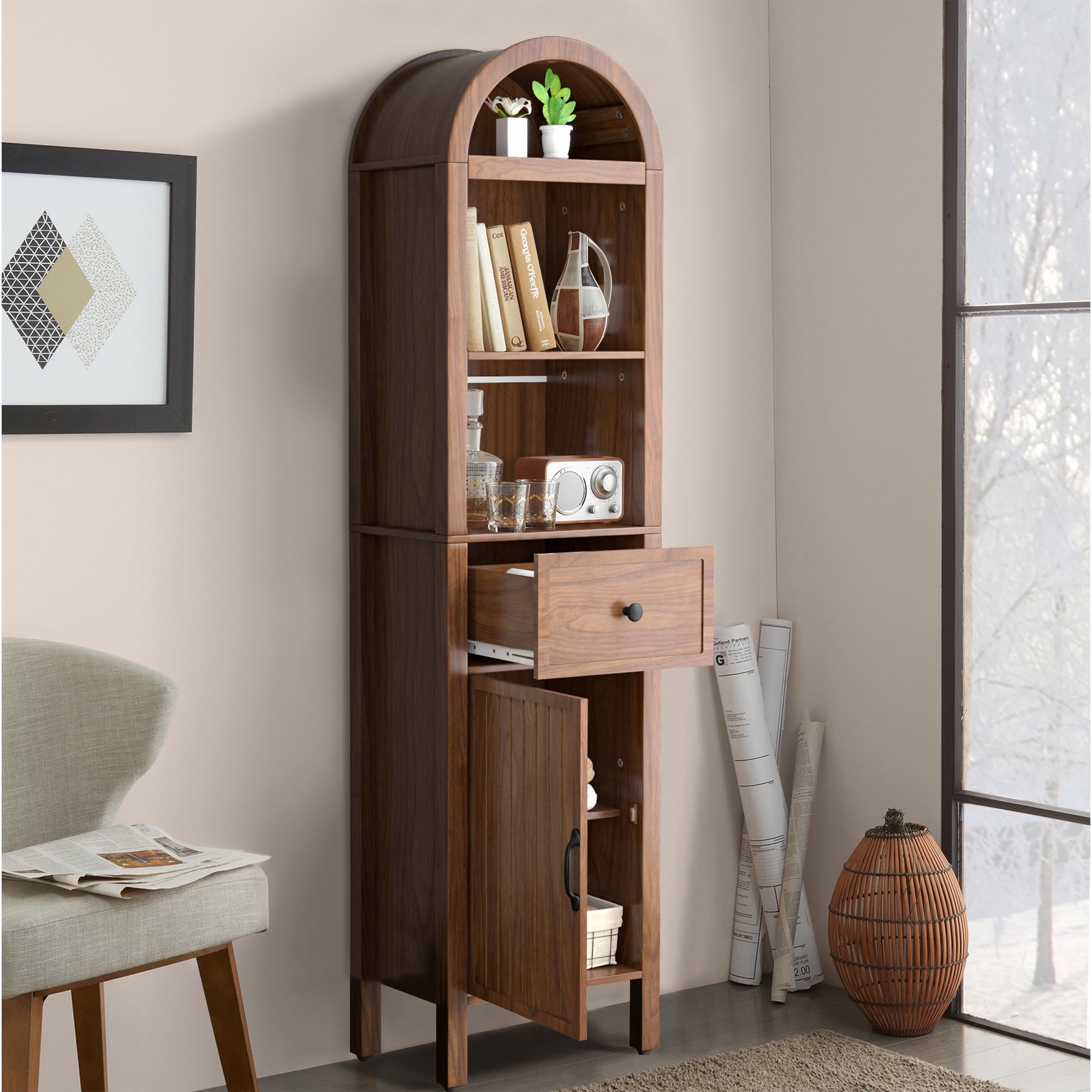 Oubayajia 64" Tall Bathroom Storage Cabinet, Narrow Tall Arched Linen Standing Tower Cabinet, Kitchen Cupboard with Adjustable Shelf and Drawer