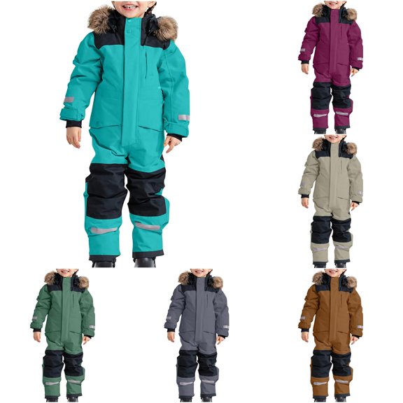 Krdevn Kids One Piece Snowsuit Hooded Reflective Stripe Windproof Waterproof Winter Jumpsuit for Boys Girls,14-15 Years