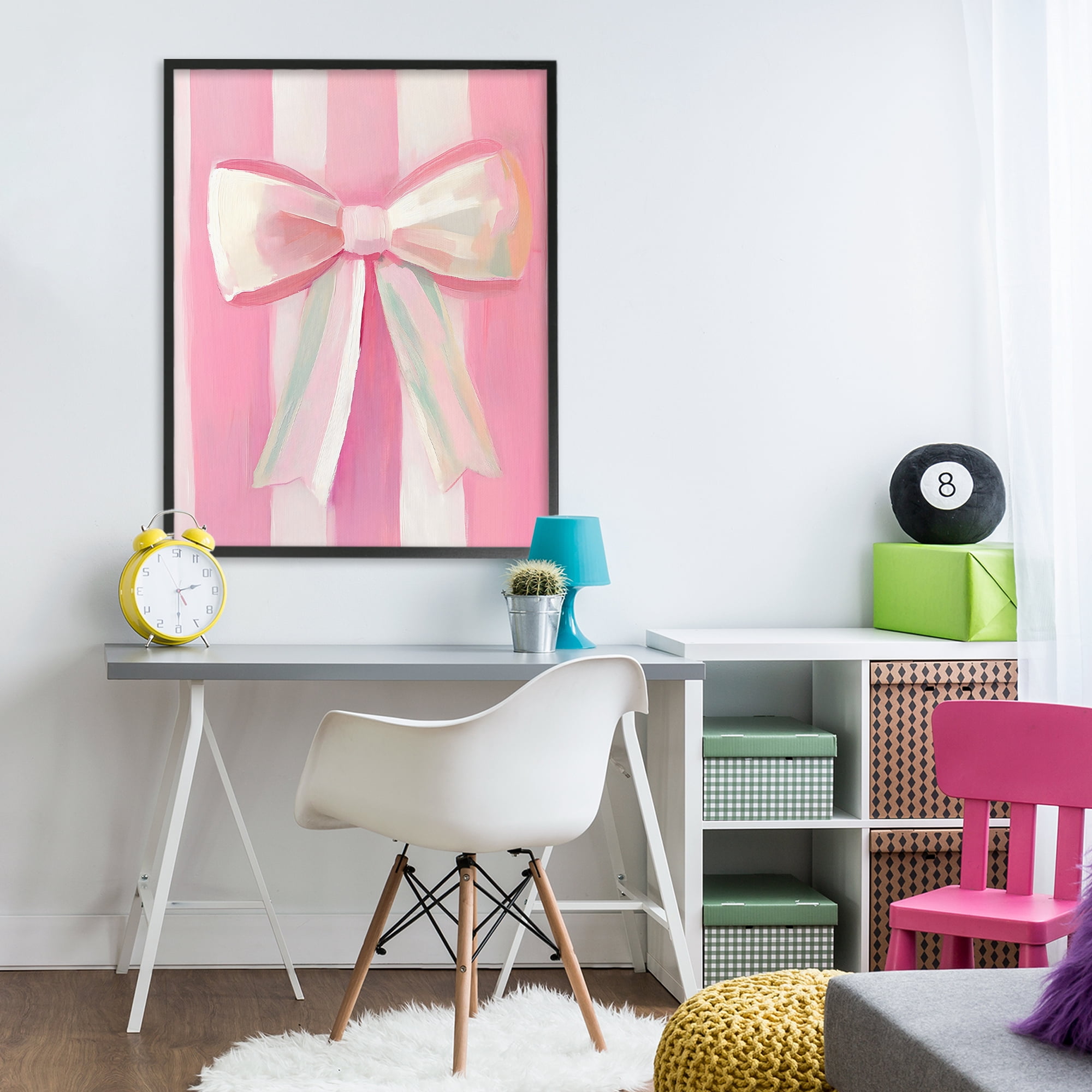 Stupell Industries Preppy Pink Bow on Stripes Black Framed Giclee Art, design by The Prints Vibe