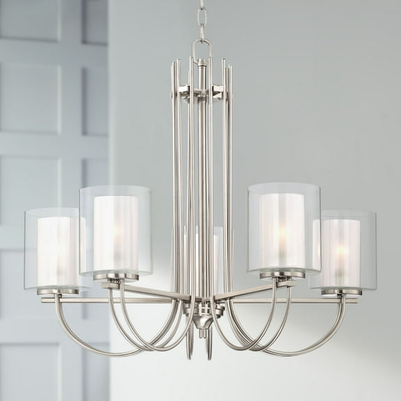 Possini Euro Design Melody Brushed Nickel Pendant Chandelier 26 3/4" Wide Modern Clear Outer Frosted Inner Glass 5-Light Fixture for Dining Room House