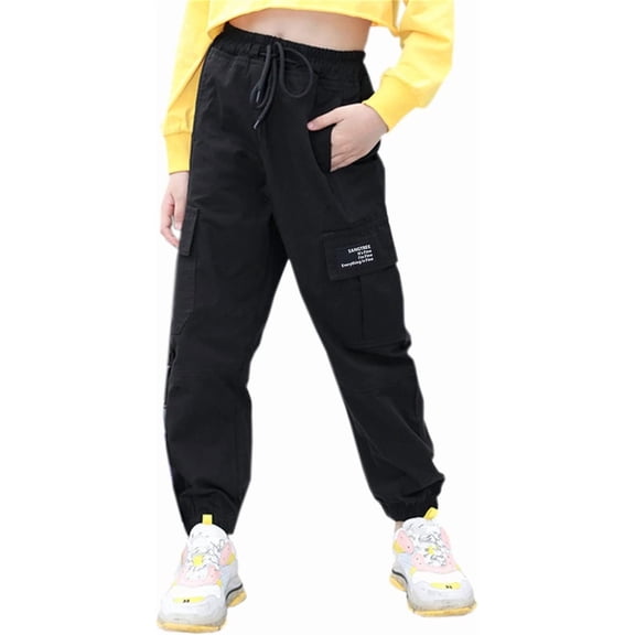 Girls' Drawstring Cargo Jogger Pants Multiple Pockets Elastic Cuff Casual Pants for 3-12 Years Old