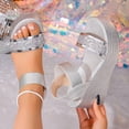 thumbnail image 3 of Rokment Women's Sparkly Sequin Platform Sandals for Dressy Comfortable Elastic Ankle Strap Slip on Wedge Chunky Heeled Walking Summer Shoes Bride Wedding Silver Size 9.5, 3 of 9