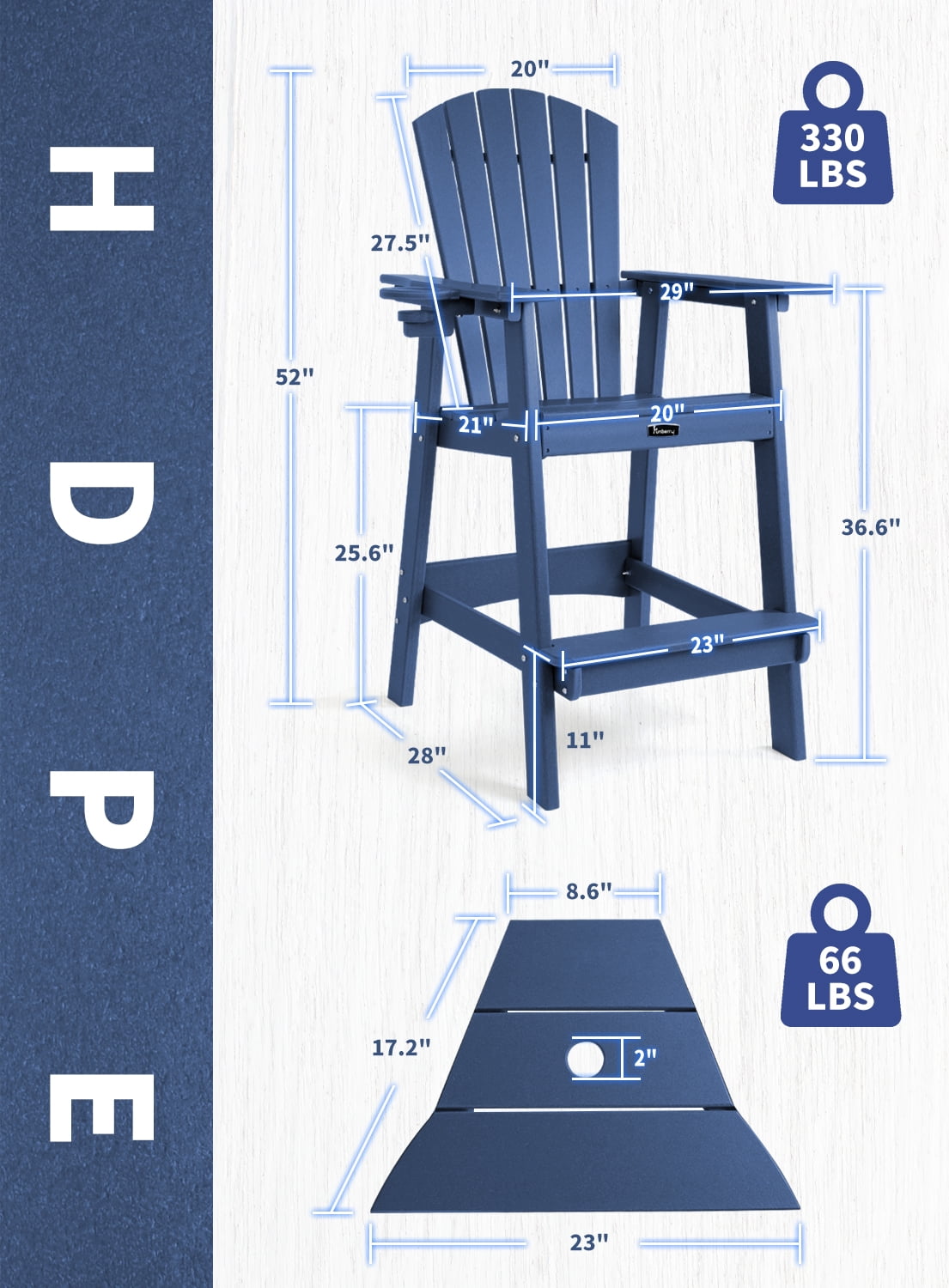 FUNBERRY Tall Adirondack Chairs Set of 2 with Removable Connecting Table, All Weather High Top Balcony Chair with Cup Holders