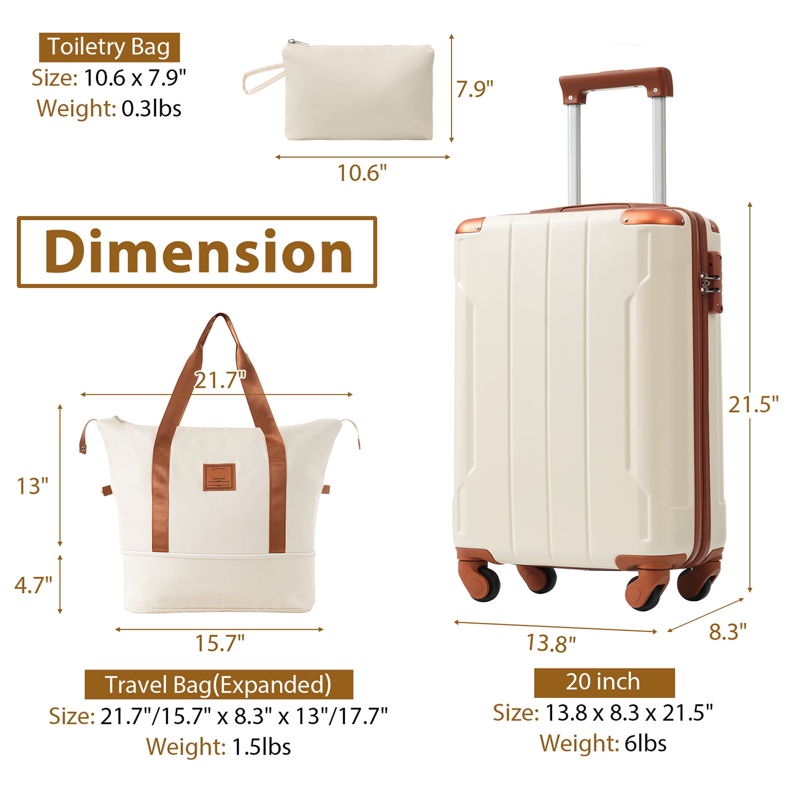 EUROCO Luggage Sets 3 Piece Carry-on Suitcases with Spinner Wheels and TSA Lock,Hardside 20" Family Travel Suitcase Set for Men Women,White Brown