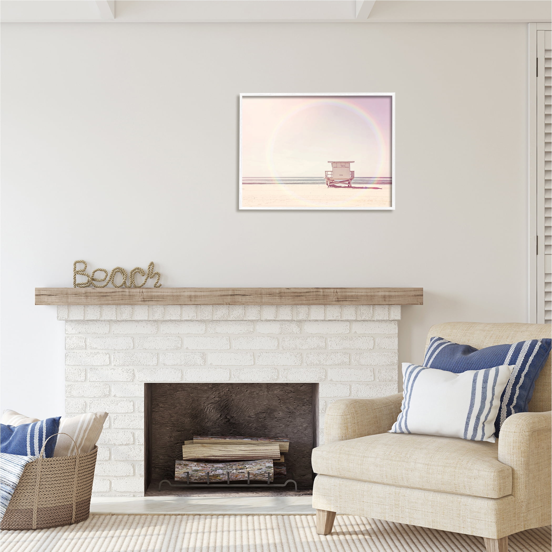Stupell Industries Rainbow Beach Hut Photography Nature Photography White Framed Art Print Wall Art, 30 x 24