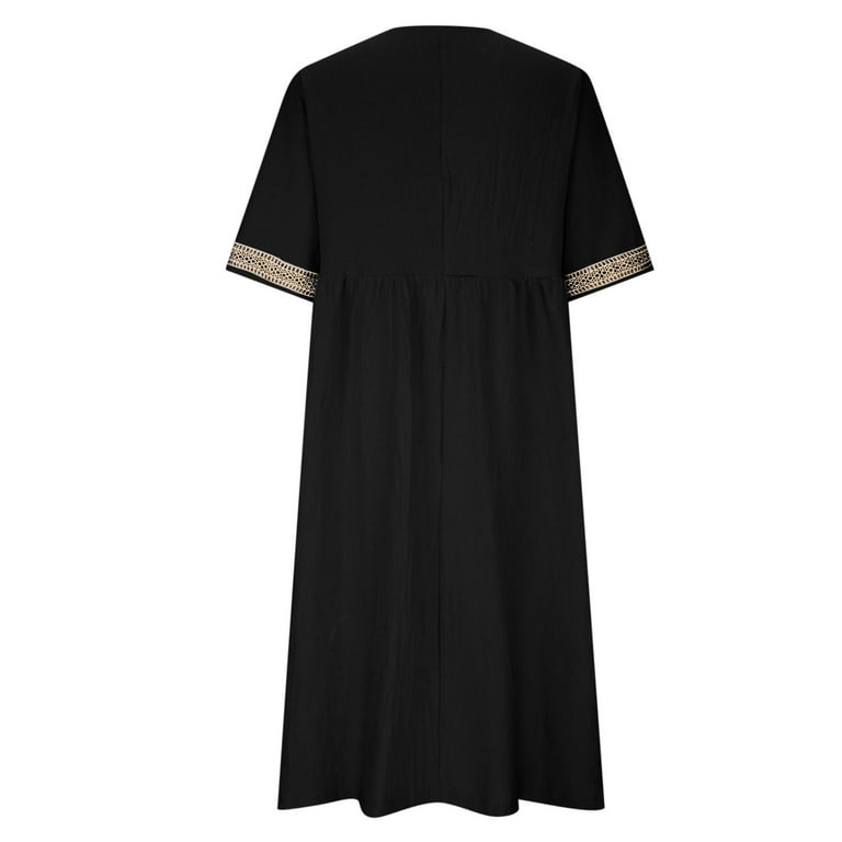 CFLVAEK Summer Gauze Cotton Linen Dresses for Women with Pocket Plus Size Short Sleeve Resort Wear Dress Casual Solid Color Beach Dresses Loose Fit Eyelet V Neck Midi Long Dress Black XL - CFLVAEK Summer Gauze Cotton Linen Dresses for Women with Pocket Plus Size Short Sleeve Resort Wear Dress Casual Solid Color Beach Dresses Loose Fit Eyelet V Neck Midi Long Dress Black XL -