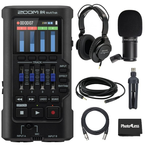 Zoom R4 MultiTrak 32-Bit Float Recorder with Stereo Bouncing Bundle With Zoom ZDM-1 Podcast Dynamic Microphone, ZHP-1 Headphones, TPS-4 Tripod, Windscreen, XLR Cable