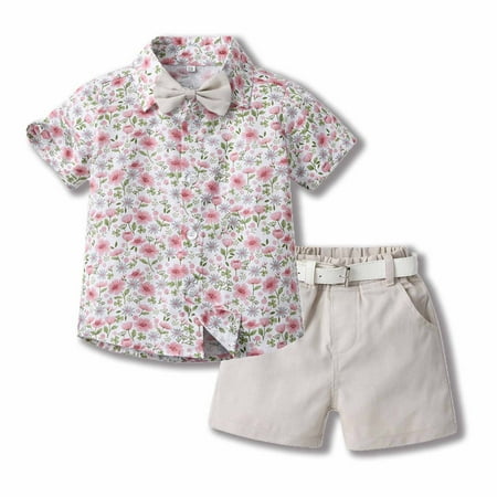 

YANHAIGONG Children s Suit Summer Children s Wear Boy s Short-sleeved Lapel Shirt Shorts Suit With Belt Tie