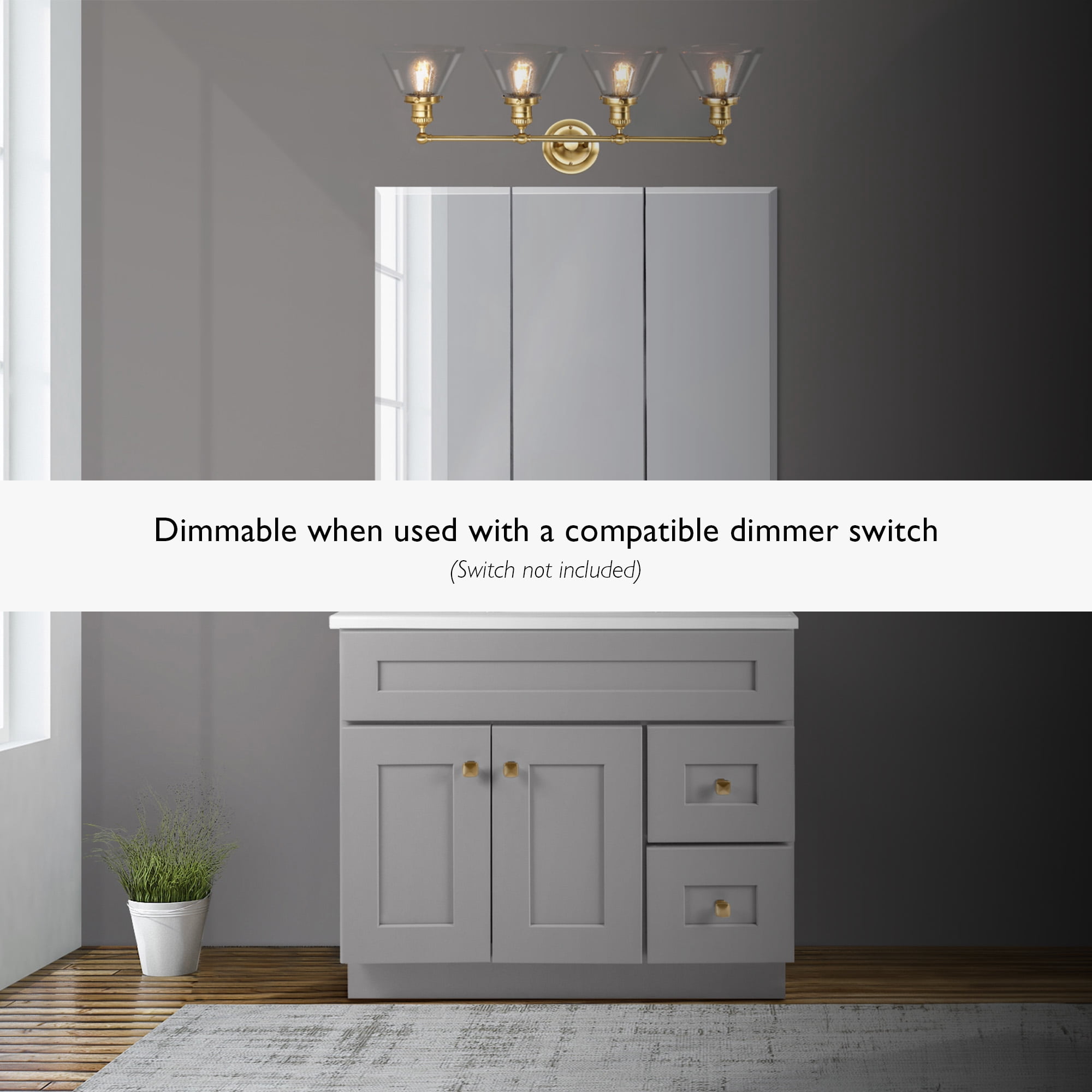 Augustin 35" Satin Gold 4-Light Dimmable Vanity Light With Seeded Glass Shades