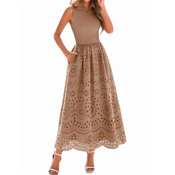 Women'S Summer Dresses Sleeveless Crewneck A-Line Boho Lace Eyelet Tank Maxi Dress with Pockets Khaki S