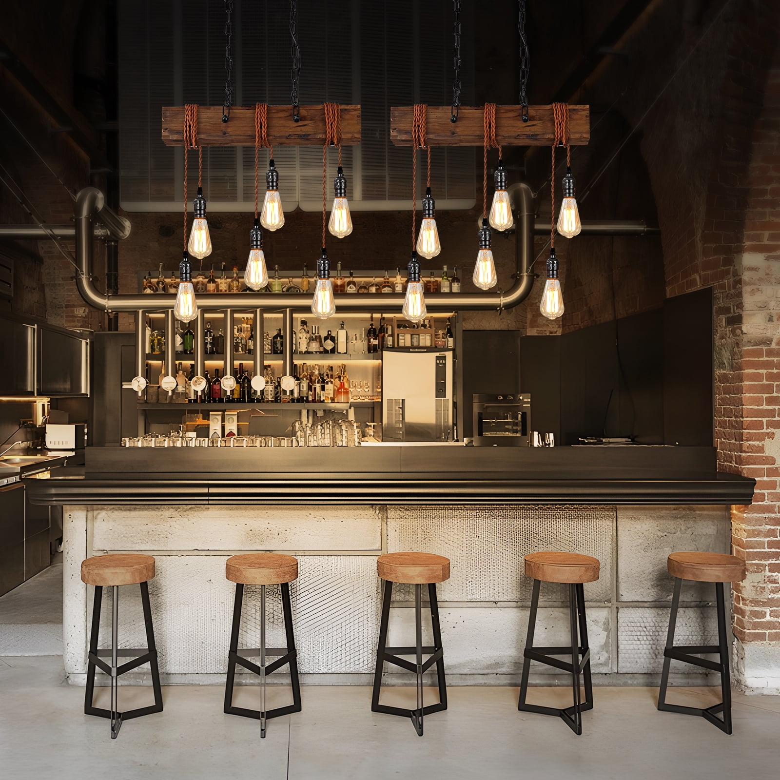 6-Light Farmhouse Chandelier Dining Room Light Fixture Over Table Hanging Wood Kitchen Island Light Fixtures, Black Chandelier Ceiling Pendant Light for Kitchen Island Living Room