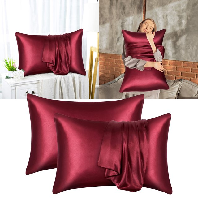 Riforla imitation silk pillowcases in a vibrant red color, shown in a set of two with a matching silk fabric draped over one pillow. These polyester pillowcases feature a smooth, satin-like texture and are designed for single student dormitories, kids' bedrooms, or guest rooms. Perfect for daily decor and promoting comfortable sleep, they are machine washable and suitable for children, seniors, and men.