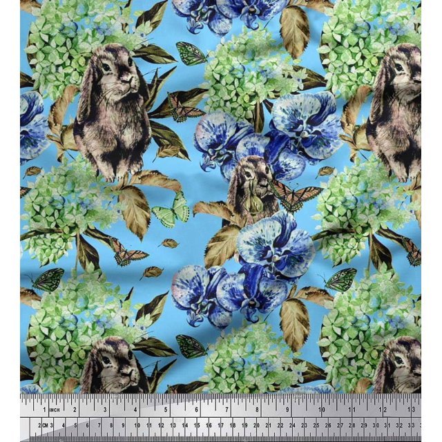 Soimoi Poly Georgette Fabric Rabbit,Lilac & Pansy Floral Printed Craft Fabric by the Yard 42 Inch Wide