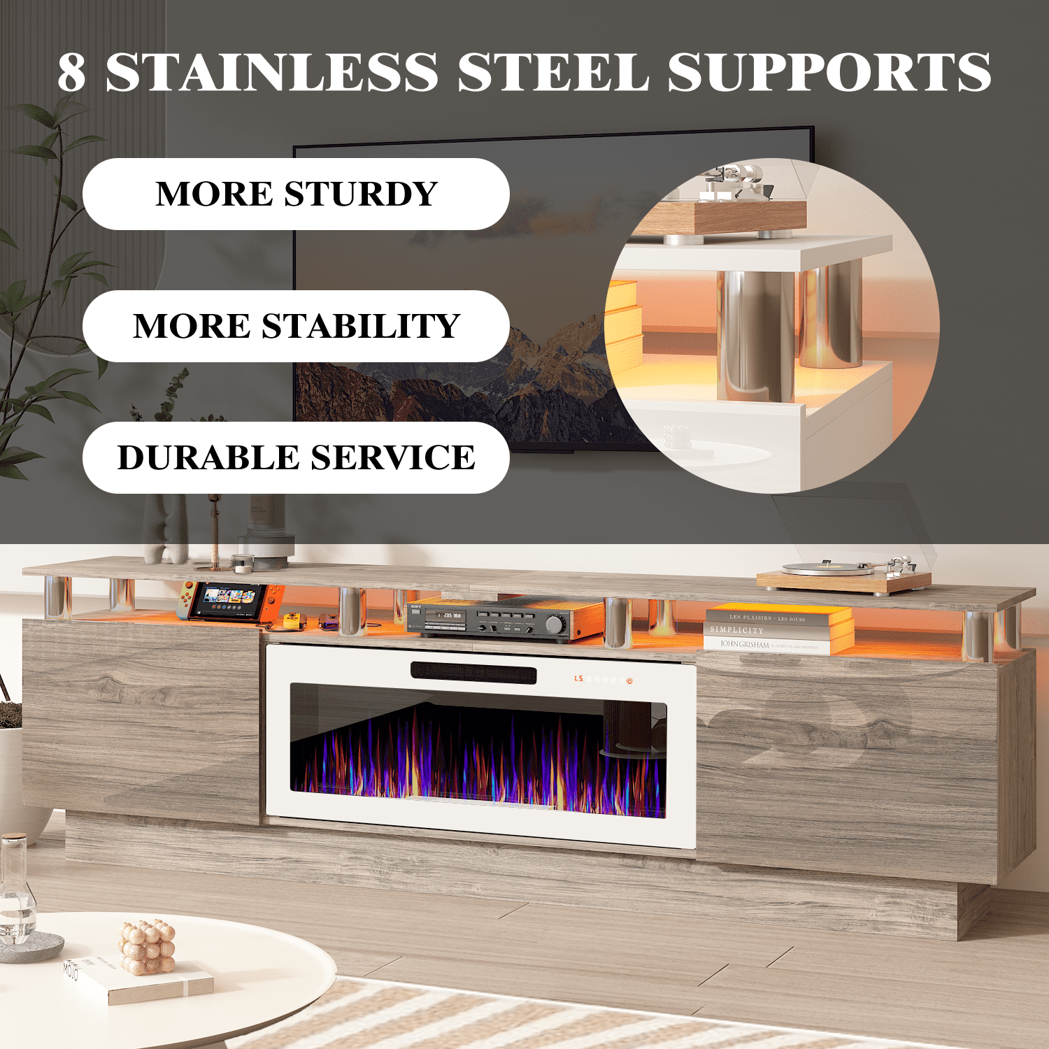 BOSSIN Fireplace TV Stand with 36" Electric Fireplace for Living Room,LED Light Entertainment Center,2 Tier TV Console Stand for TVs Up to 90"