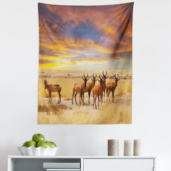 Safari Tapestry, Antelope Crowd on Grassland at Sunset Tropic Exotic Savannahs Animals, Fabric Wall Hanging Decor for Bedroom Living Room Dorm, 5 Sizes, Yellow Red Brown, by Ambesonne