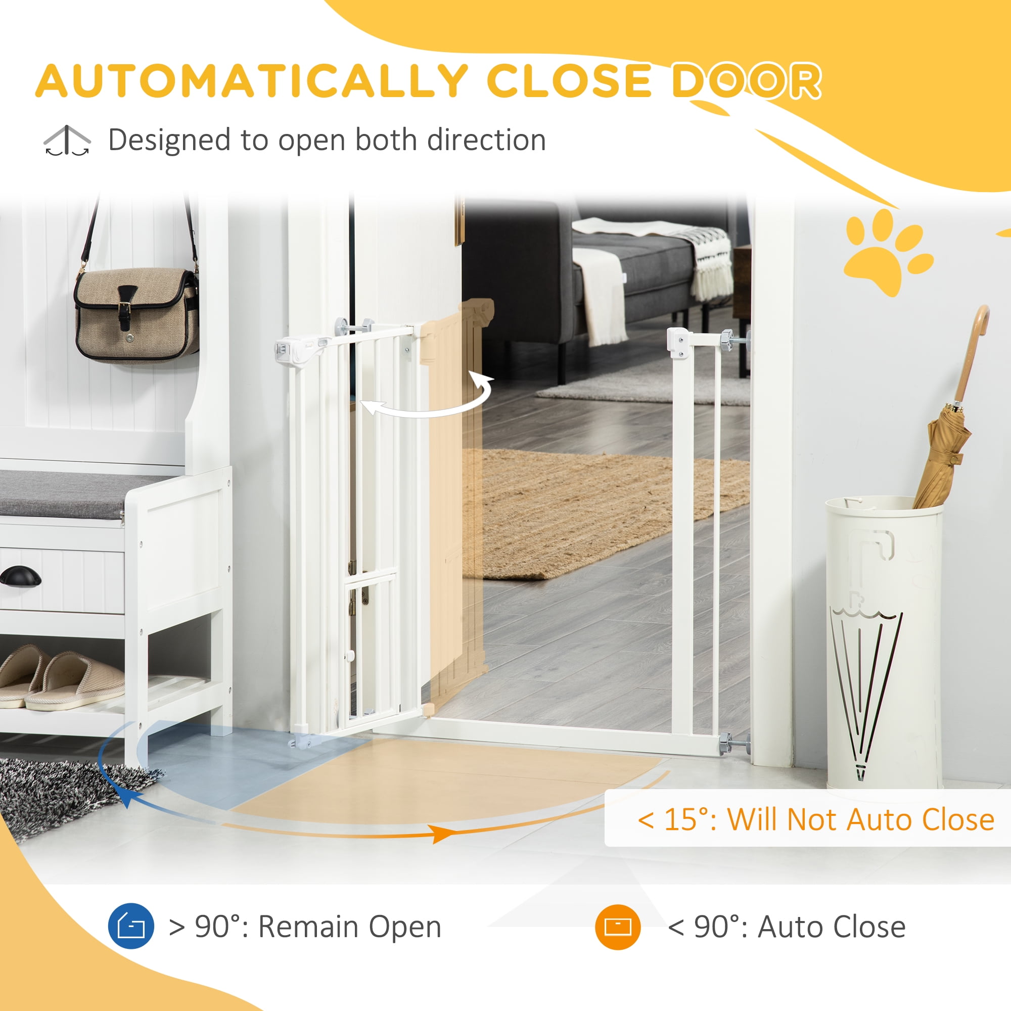 PawHut 30 H Dog Gate with Cat Door Pet Gate with Small Door Easy Open Indoor Dog Gates White